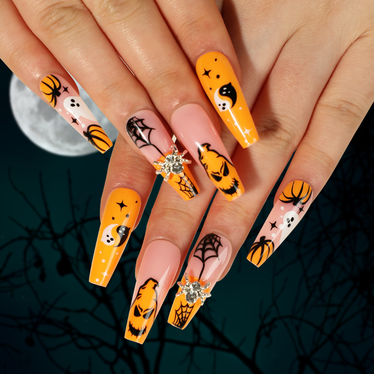 24Pcs Halloween Press On Nails, Medium Ballerina False Nails, Cute Pumpkin Ghost Spider Bat Pattern Acrylic Fake Nails, Reusable Full Cover Stick On Nails For Halloween Party Home DIY Manicure photo 3