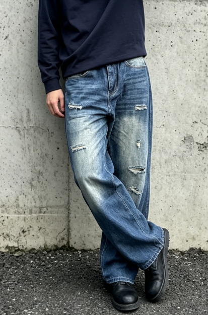 Vintage Washed Jeans Men Relaxed Fit Distressed Denim Pants Loose Streetwear Plus Size Big Tall Ready Stock photo 7