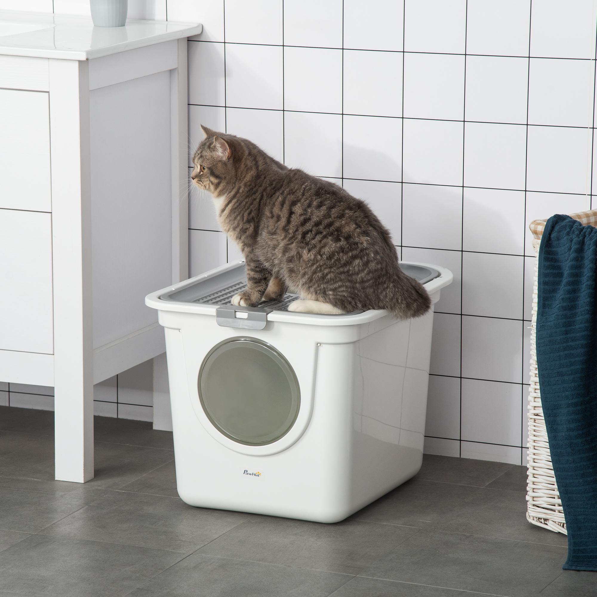 PawHut Cat Litter Box, Pet Toilet, Enclosed Kitten Pan With Front Entrance Top Exit, High Side, Scoop, White photo 6