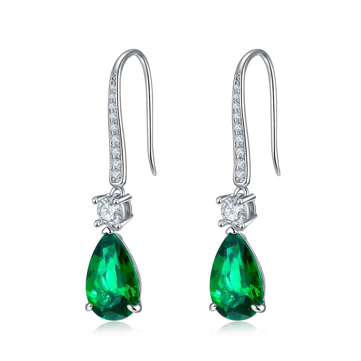 S925 Silver 2.8g Lab-Created Emerald Dangle Earrings, 11x7mm 0.6ct Pear Pair photo 1