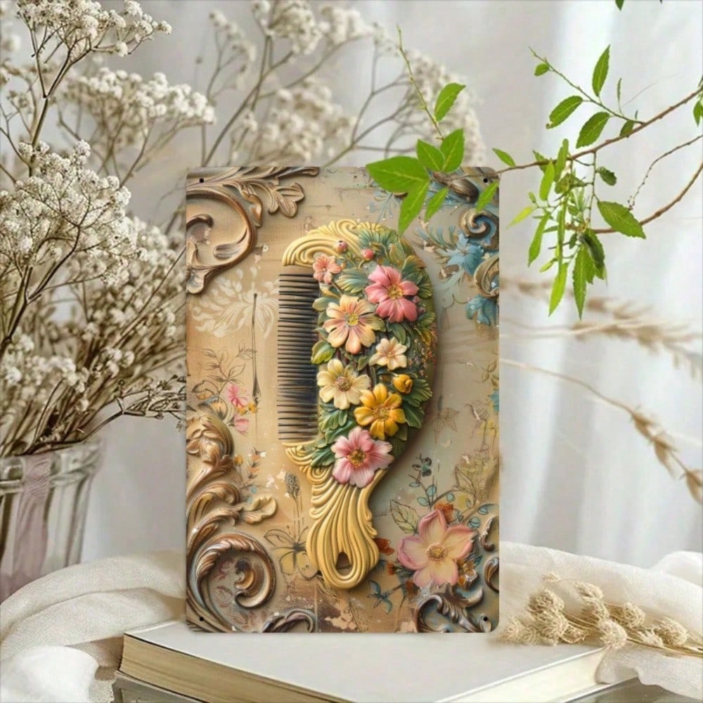 Vintage French Hair Comb Metal Wall Decor Sign, Humorous Floral Hanging Art photo 7