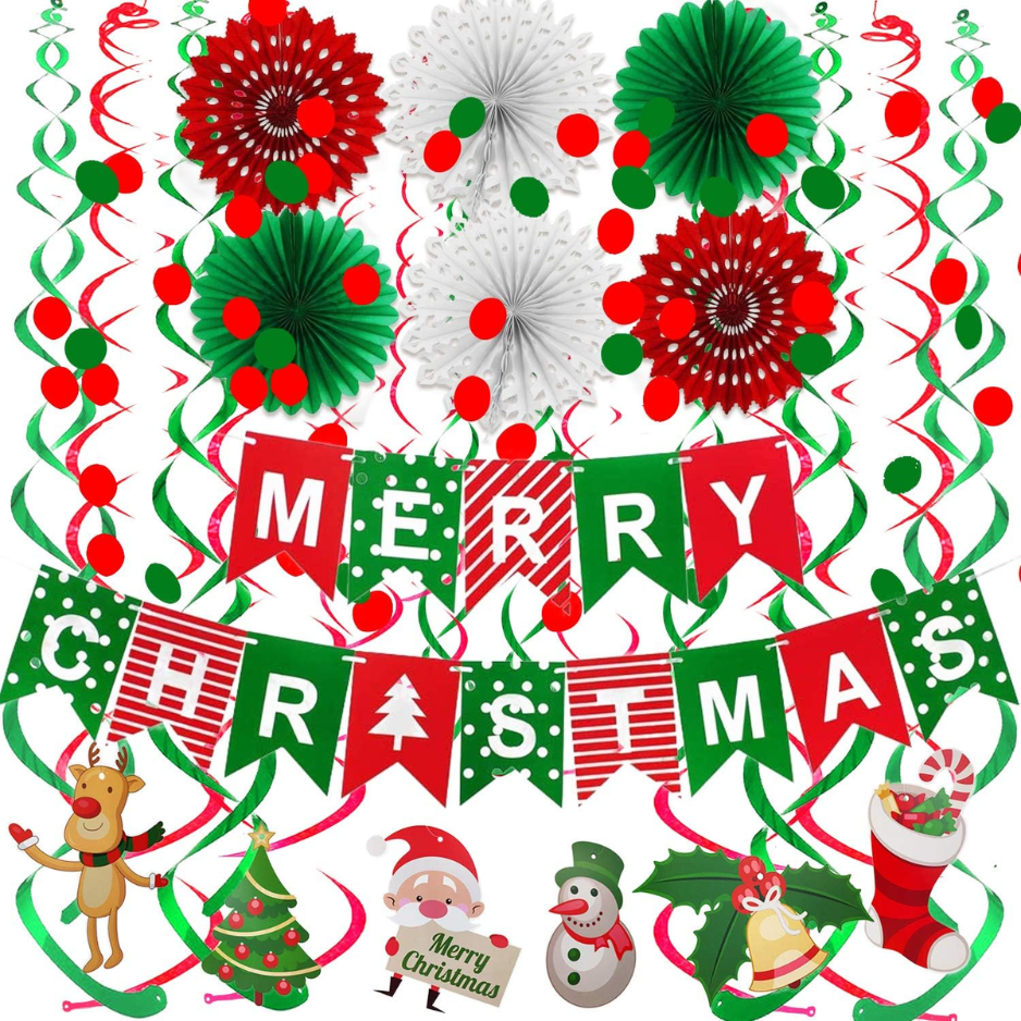 Merry Christmas Banner Paper Fan Flower Circle Confetti Dots Hanging Garlandand Swirl Streamers Christmas Tree photo 1
