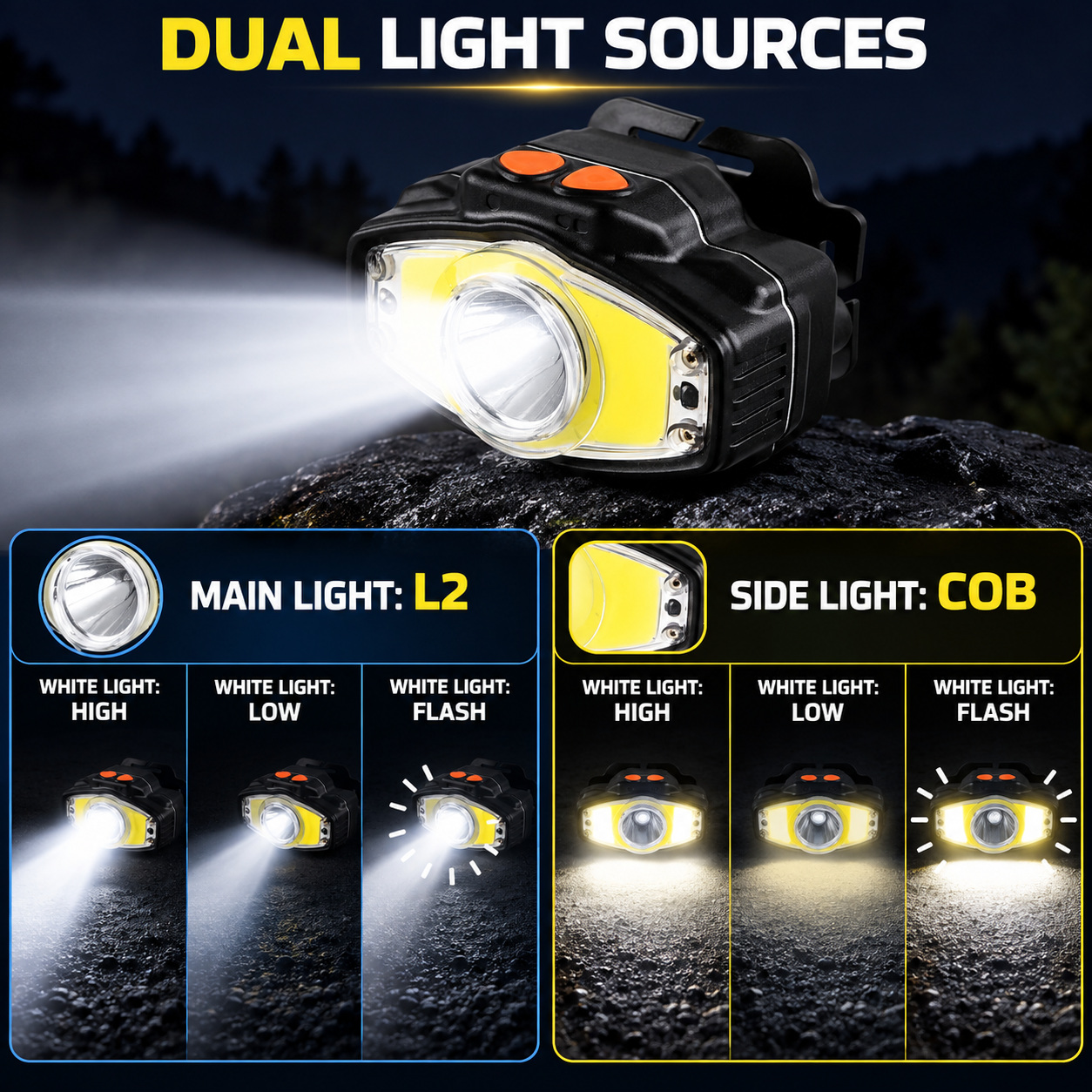 W663 3 Hands Free COB LED Headlamp 10W 4000mAh Rechargeable Type C For Camping Hiking photo 4