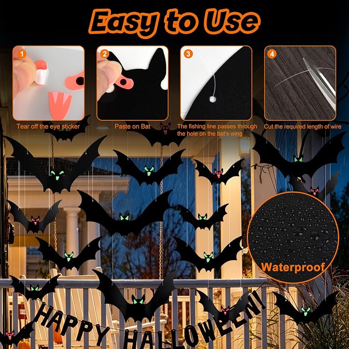 16-Piece Halloween Hanging Bat Decorations With Glowing Eyes For Indoor And Outdoor Spooky Party Decor photo 3