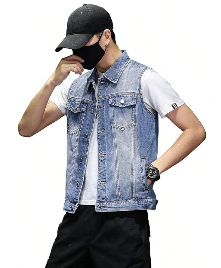 Classic Denim Vest Men Light Blue Washed Sleeveless Jean Jacket Casual USA Warehouse Stock photo 1