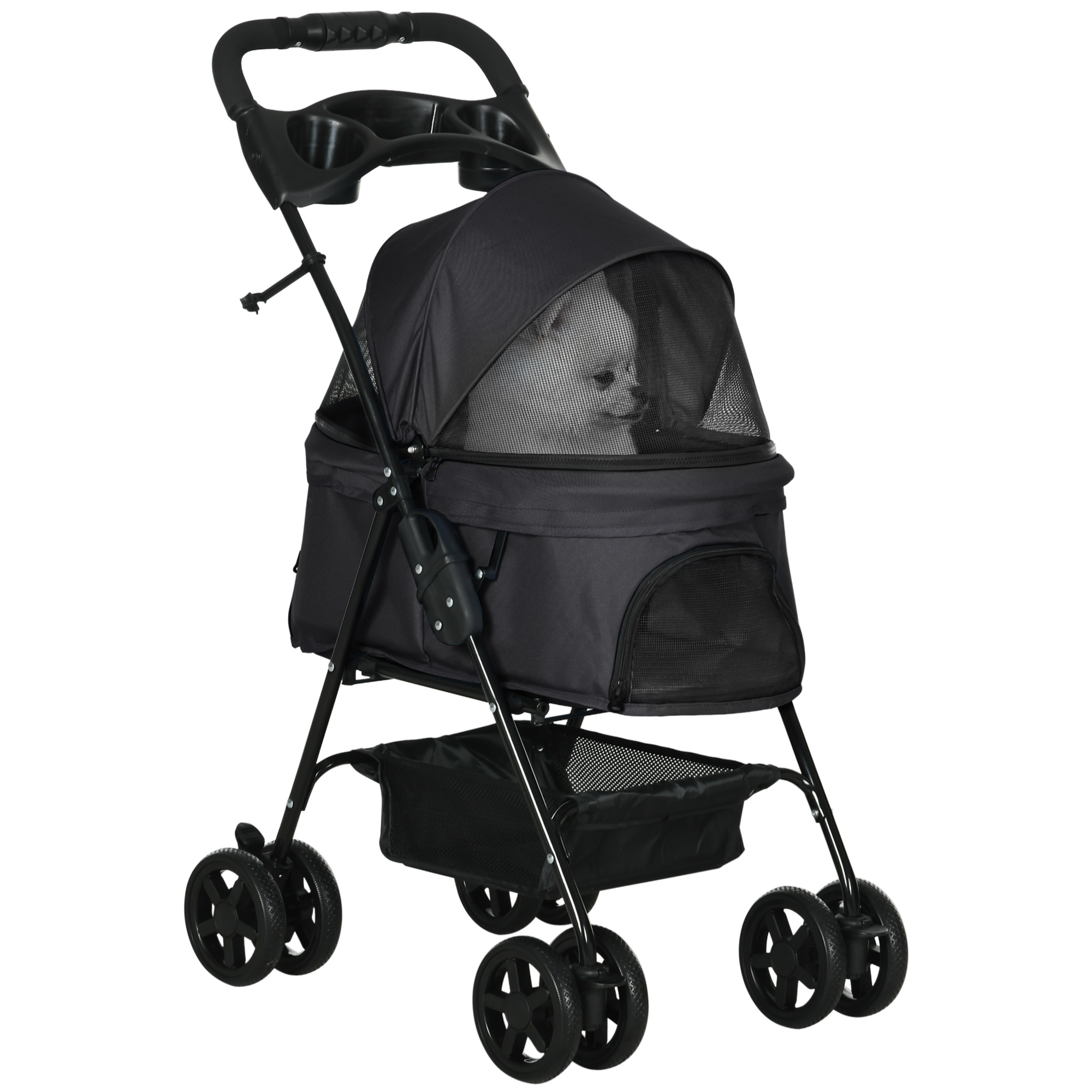 PawHut Dog Pram Dog Stroller Foldable Pet Pushchair With 4 Wheels, Safety Leashes, Cup Holder For Small Dogs, Black photo 1