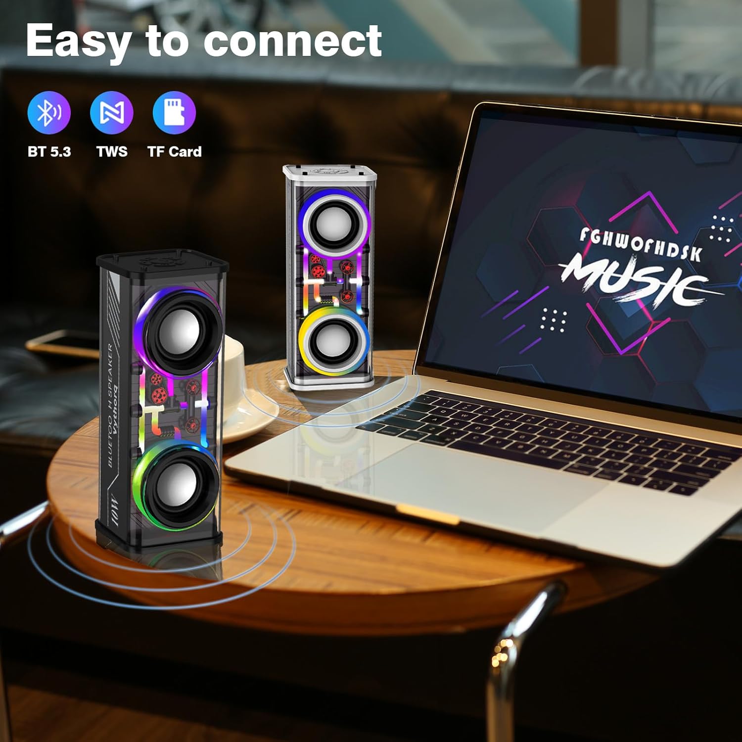 Portable Bluetooth Speaker With LED Lights&Transparent Casing, Bluetooth 5.3 Wireless Outdoor Speakers Support TWS PairingTF Card, 10W Stereo Sound, Electronics For Home, Outdoors, Travel Black photo 5