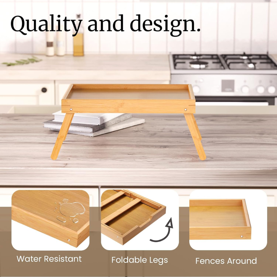 Fibogollo 2 Pack Bamboo Bed Tray Table With Folding Legs,Breakfast Trays,Serving Tray For Food And Snack,Laptop Trays For Working Natural photo 6