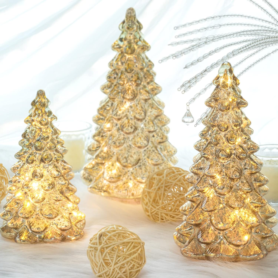 Lighted Glass Christmas Tree Figurine With Timer Set Of 3 Mercury Glass Christmas Decoration photo 6