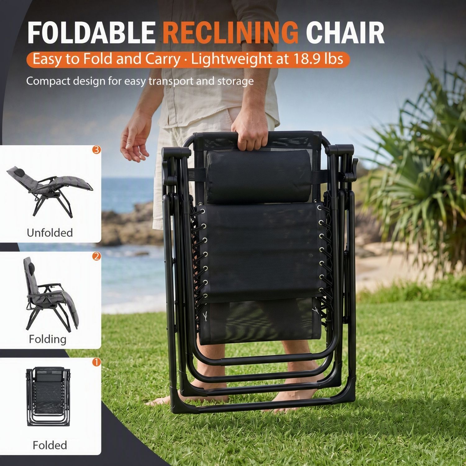 Zero Gravity Chair With Cushion, Folding Outdoor Lounge Chair With Cup Holder And Headrest For Patio, Strong Capacity photo 6