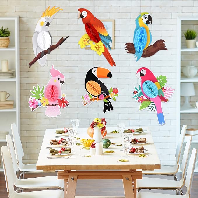 6-Piece Tropical Parrot Honeycomb Paper Birds Hawaiian Luau Beach Summer Party Decorations photo 3