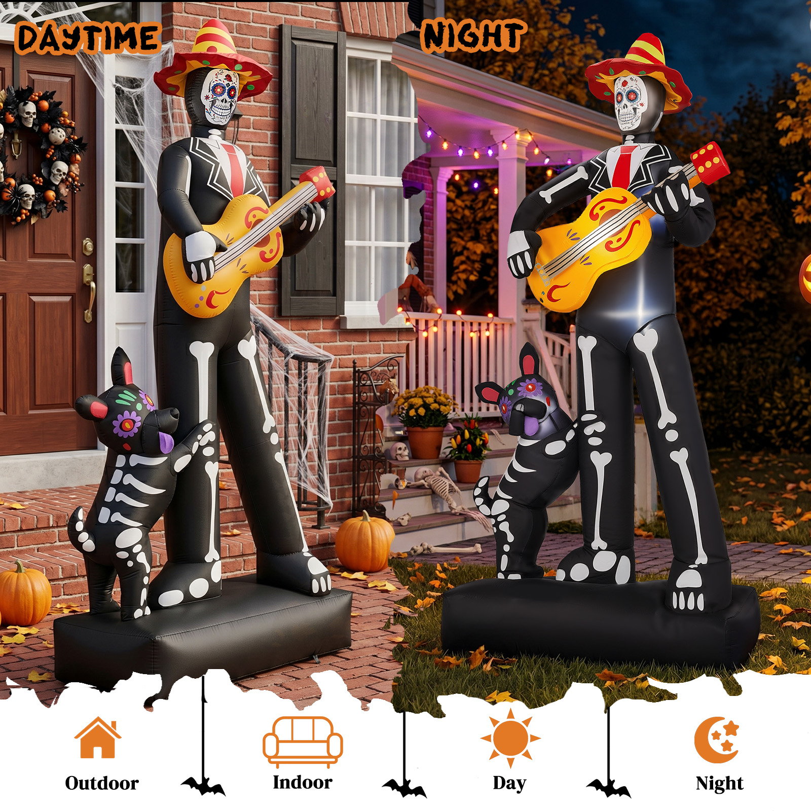 7.3ft Ghostly Musician With Dog,6 LEDs,Black,White,Orange,Halloween Inflatable Decoration,1500mA,12V,US Standard photo 2