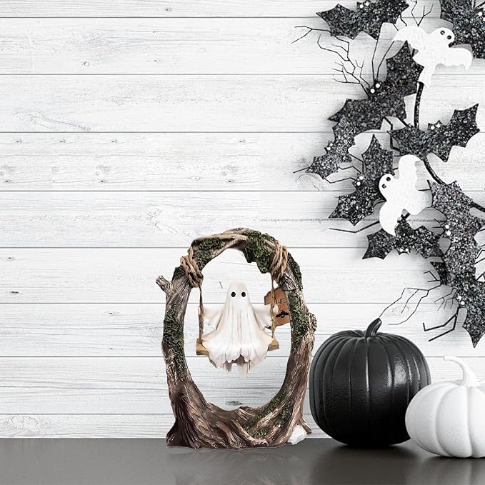 Halloween Ghost On Tree Swing Figurine Cute Swinging Ghost Statue For Desktop Shelf Mantel And Table Decor photo 5