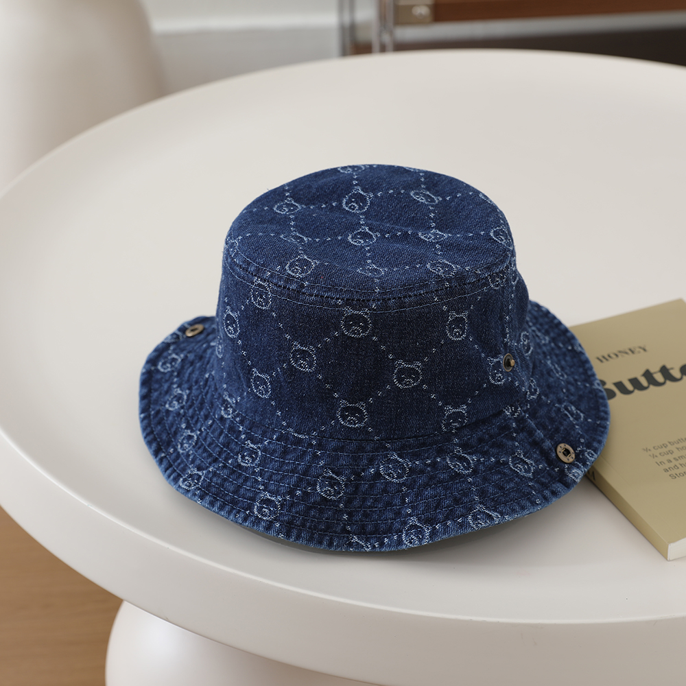Washed Denim Jacquard Little Bear Fisherman Hat With Wide Brim And Rolled Edge Bucket Hat For Big Children's Outdoor Play And Leisure photo 4