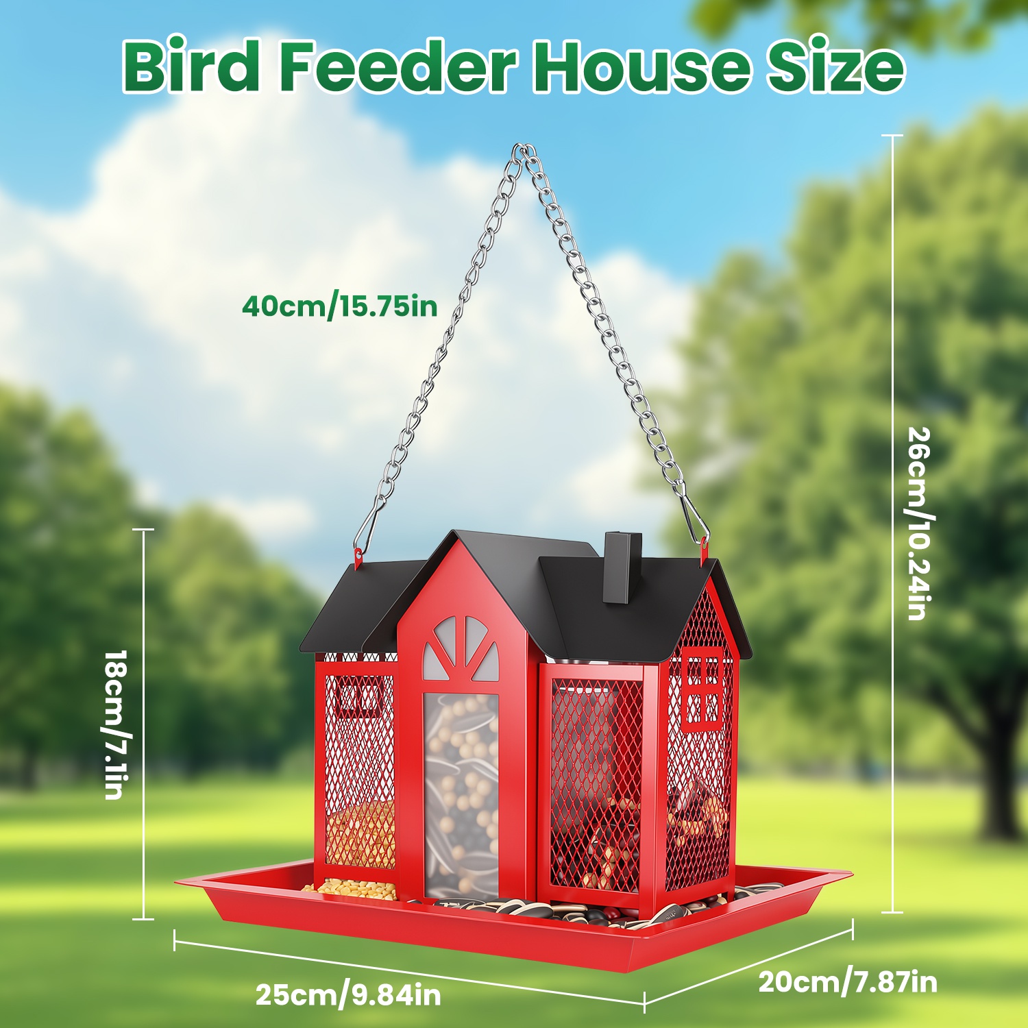 1Pc  Metal Hanging Bird Feeder House Classic Barn Bird Feeder House Iron Hanging Outdoor Feeder With Visible Window And Lift Top Lid 15.75in Hanging Length Wild Birds Garden Yard photo 5
