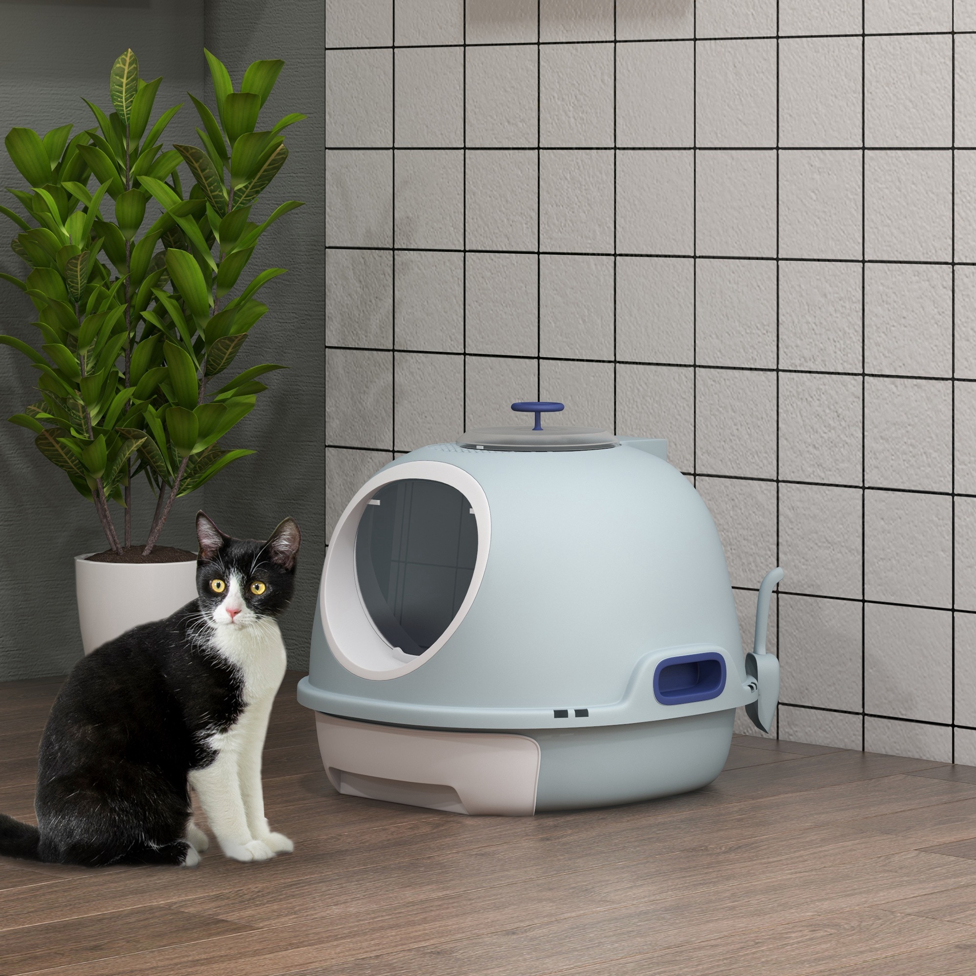 PawHut Cat Litter Box Toilet With Litter Scoop Enclosed Drawer, Front Entry Top Exit, Easy To Clean Blue photo 8