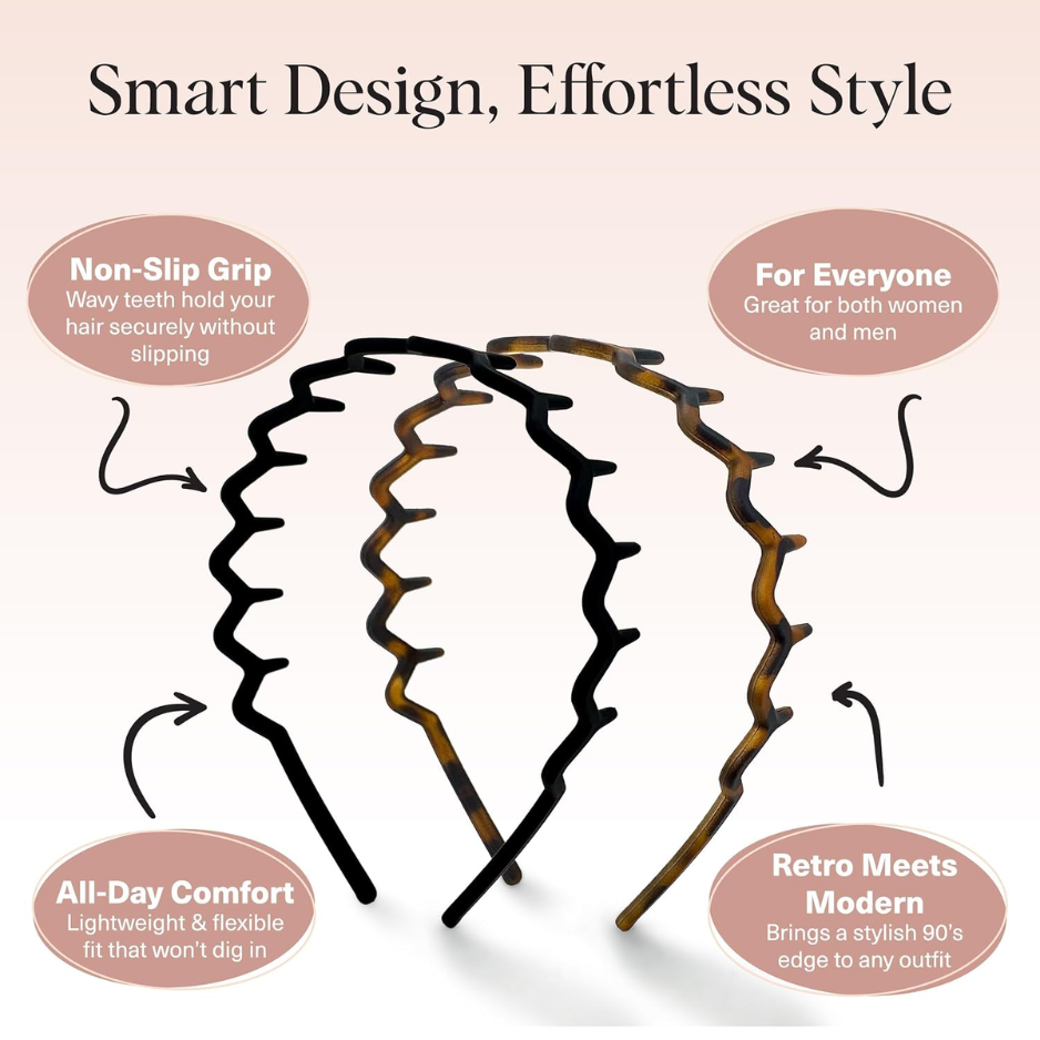 2PCS Zig Zag Headbands For Women, Black & Tortoise Pattern Hair Bands, Non-Slip Stretch Hair Accessories photo 4