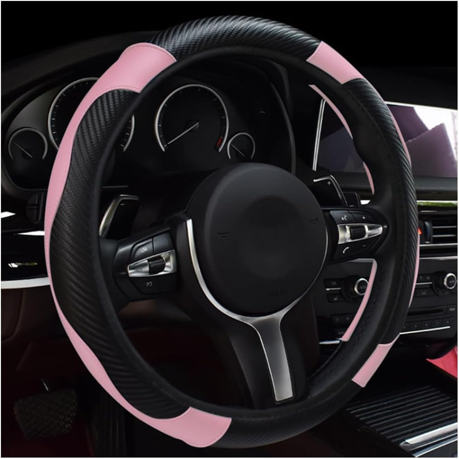 Car Steering Wheel Cover, 15 Inch Leather Breathable Auto Steering Wheel Protector, Comfortable Non-Slip Vehicle Steering Wheel Covers, Universal Interior Car Accessories Black&Pink photo 1
