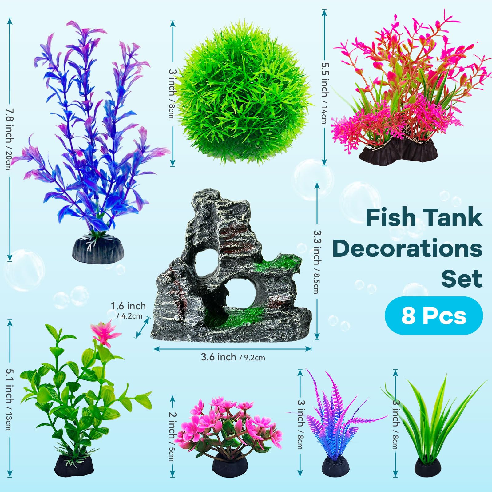 8Pcs Aquarium Decor Set, Artificial Plastic Plants And Rock Cave For Fish Tank Decorations, Goldfish Betta Fish Tank Accessories Supplies Realistic Small Large Fish Bowl Ornaments photo 3