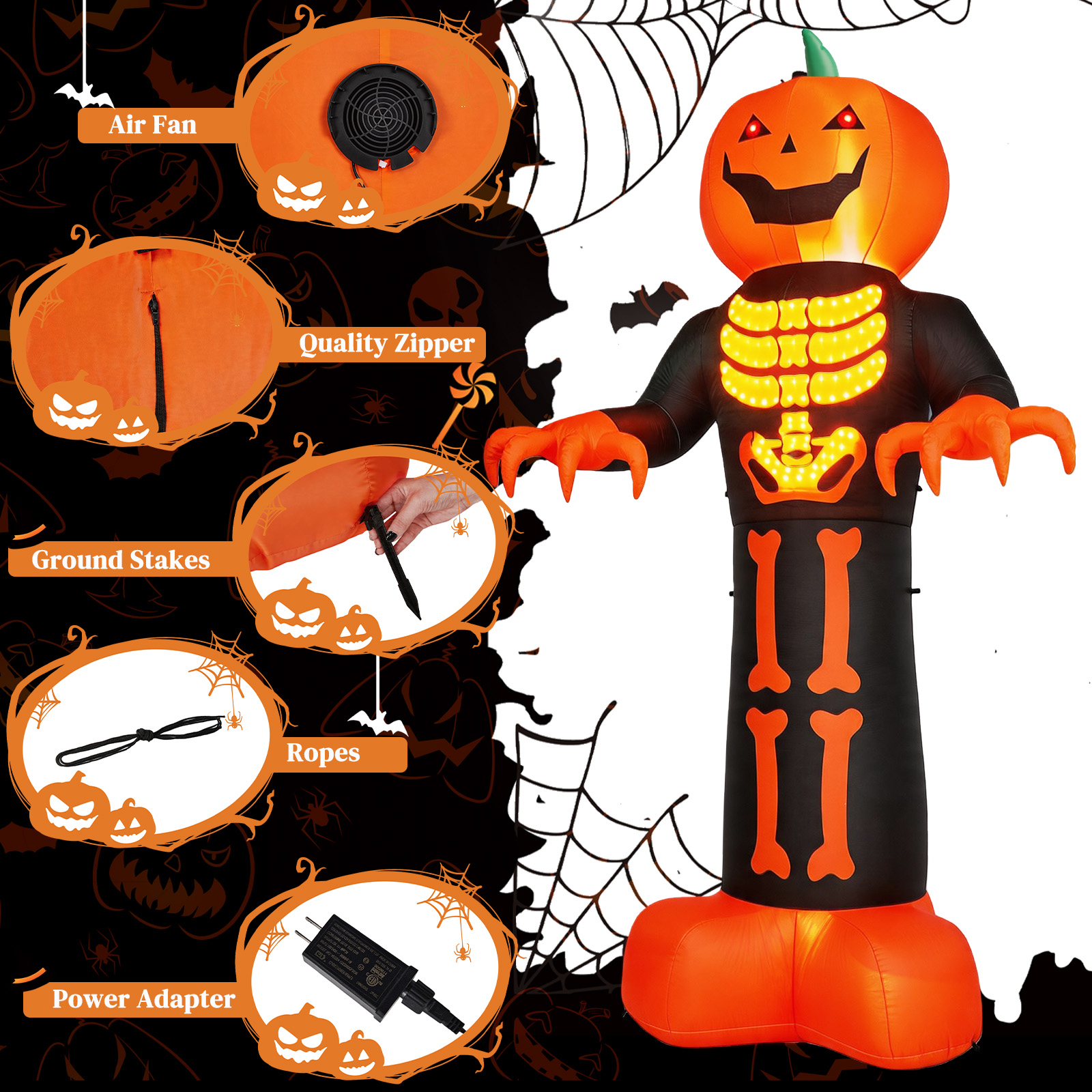 12ft Inflatable Halloween Decor With Skeleton Ribs,Pumpkin & Grim Reaper,3 LED Lights - 115 Count String Lights,Black & Orange,12V 2000mA US Power Adapter photo 2