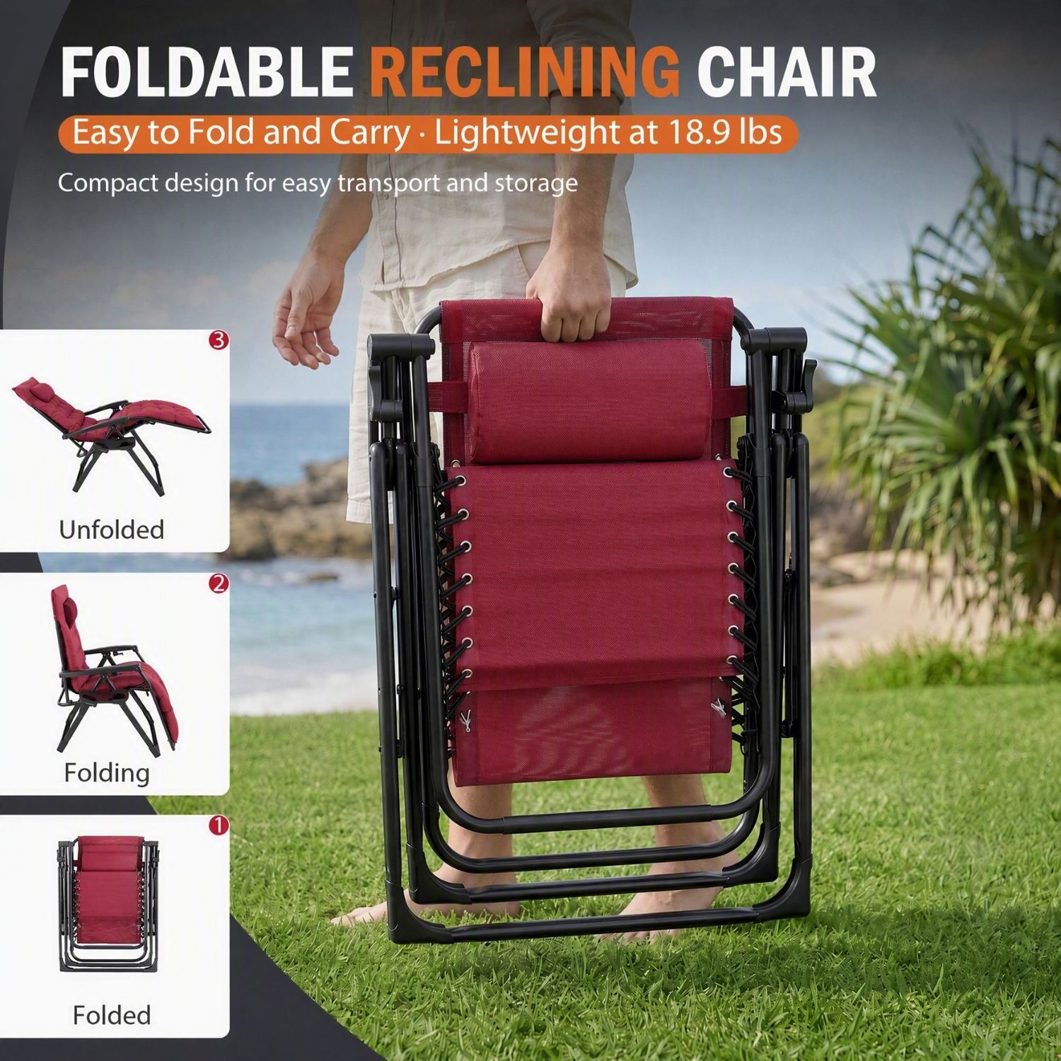 Zero Gravity Chair With Cushion, Folding Outdoor Lounge Chair With Cup Holder And Headrest For Patio, Strong Capacity photo 2