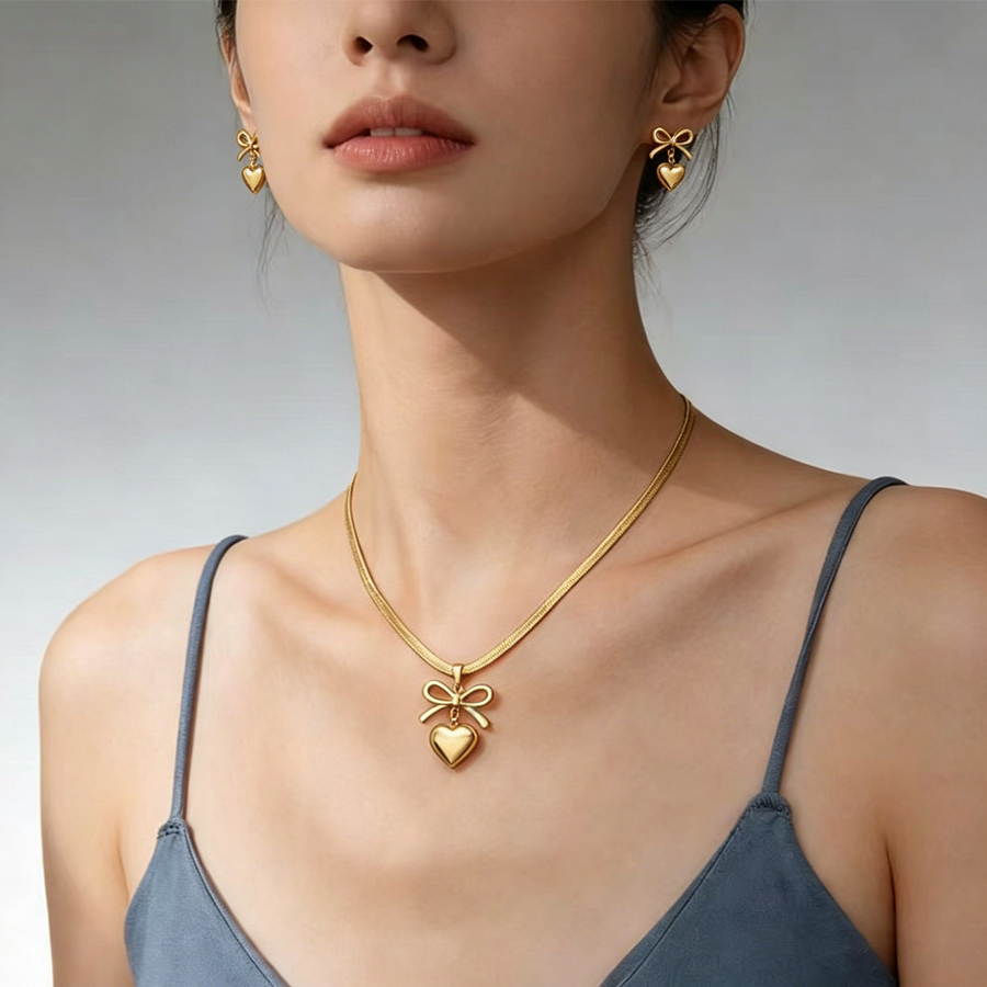Women Bowknot 3D Puffy Heart Jewelry Set Snake Chain Necklace & Stud Earrings 2Pcs Gold Silver Tone Stainless Steel Romantic Valentine Gift Jewelry photo 2