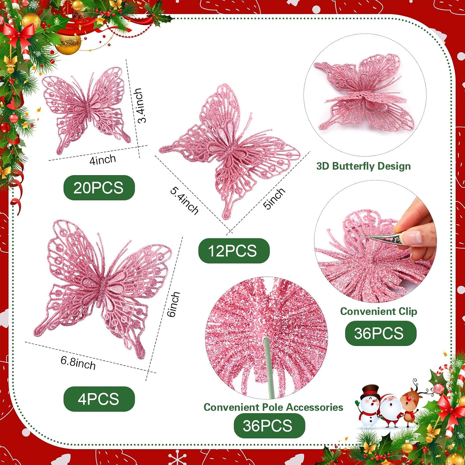 Pink Glitter Butterfly Christmas Ornaments 36 Units, 3D Hollow Out Decorations In 3 Sizes For Tree, Wedding, Wreath And Party photo 2