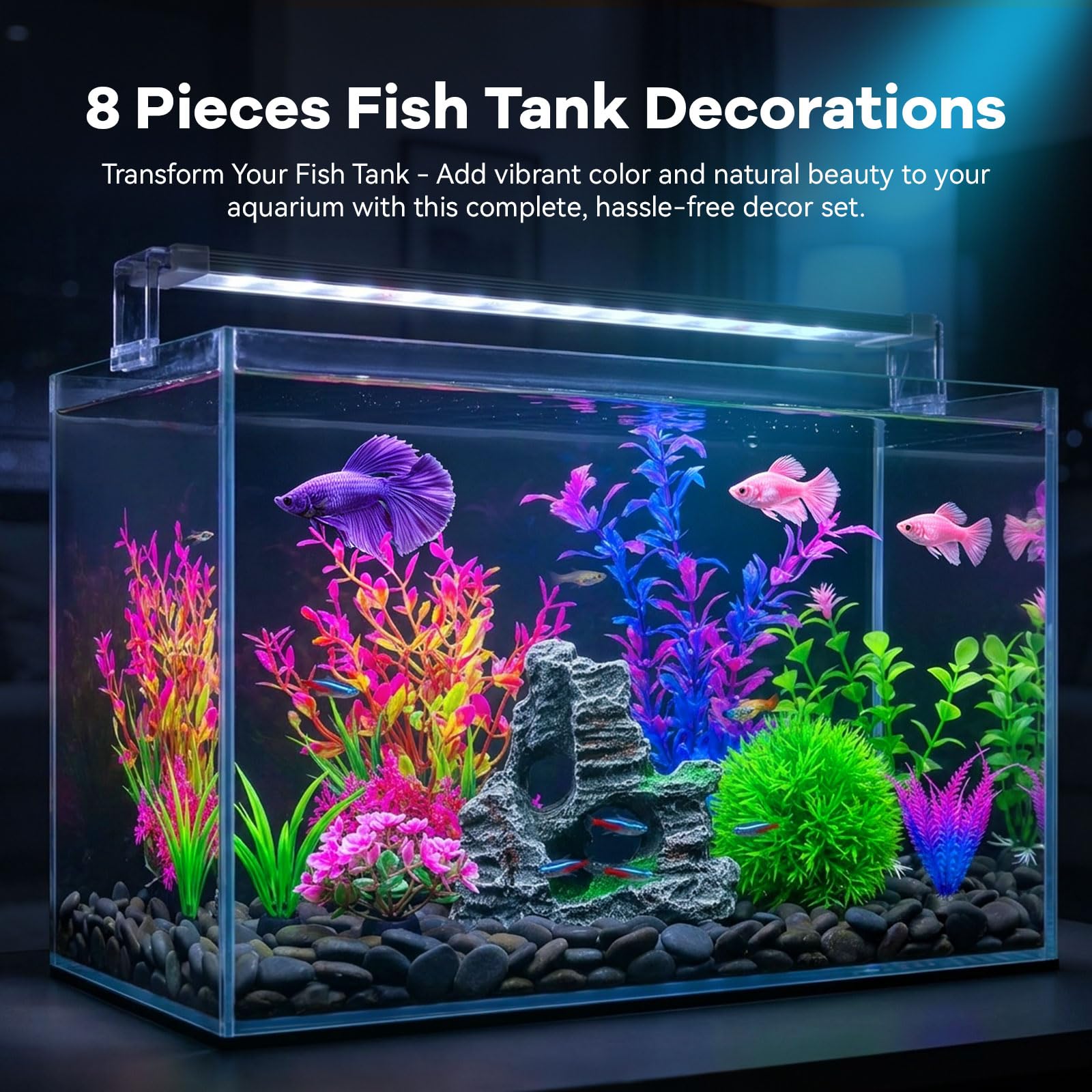 8Pcs Aquarium Decor Set, Artificial Plastic Plants And Rock Cave For Fish Tank Decorations, Goldfish Betta Fish Tank Accessories Supplies Realistic Small Large Fish Bowl Ornaments photo 6
