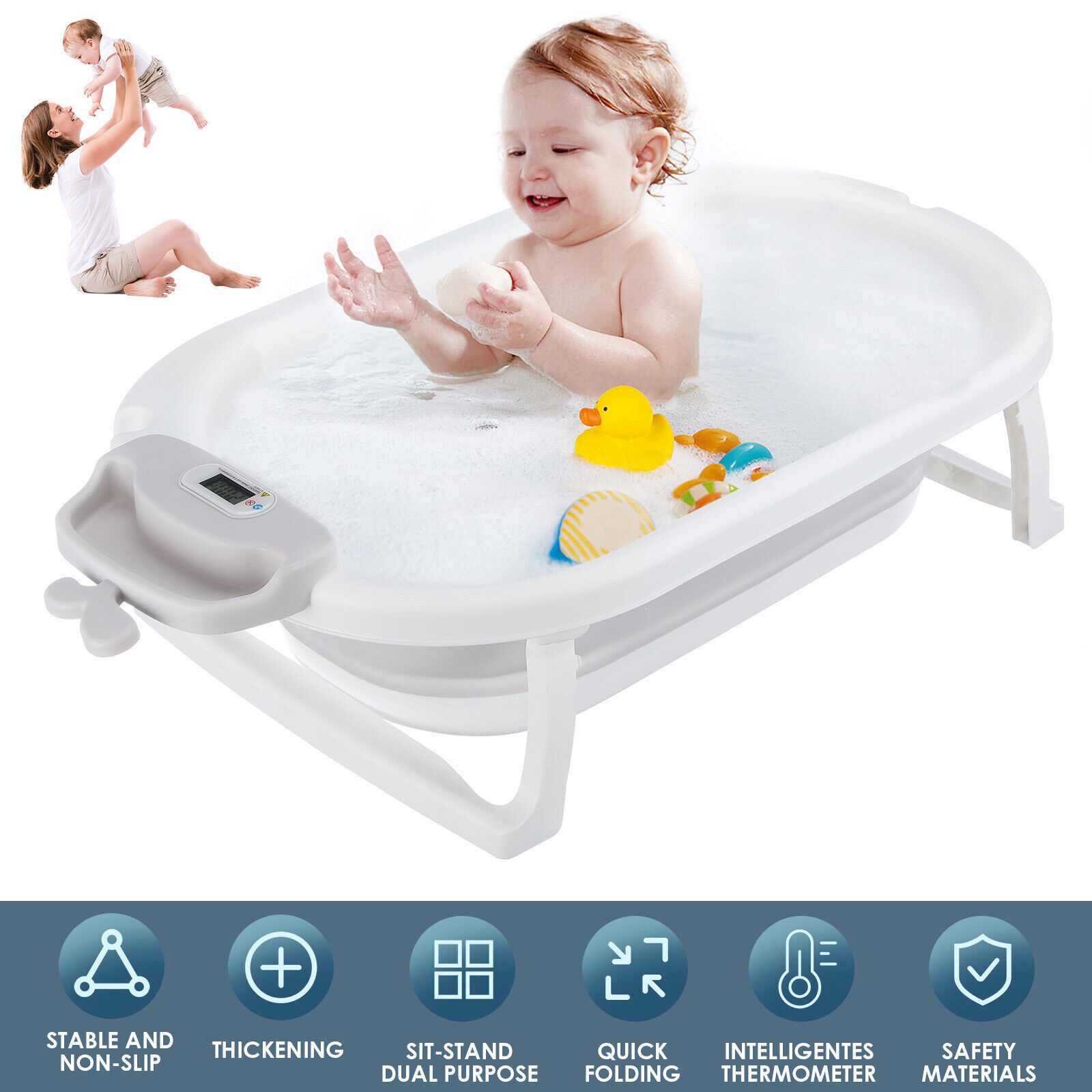 Foldable Baby Bath Tub Ergonomic With Temperature & Cushion Bath Pad And Bath Net photo 7