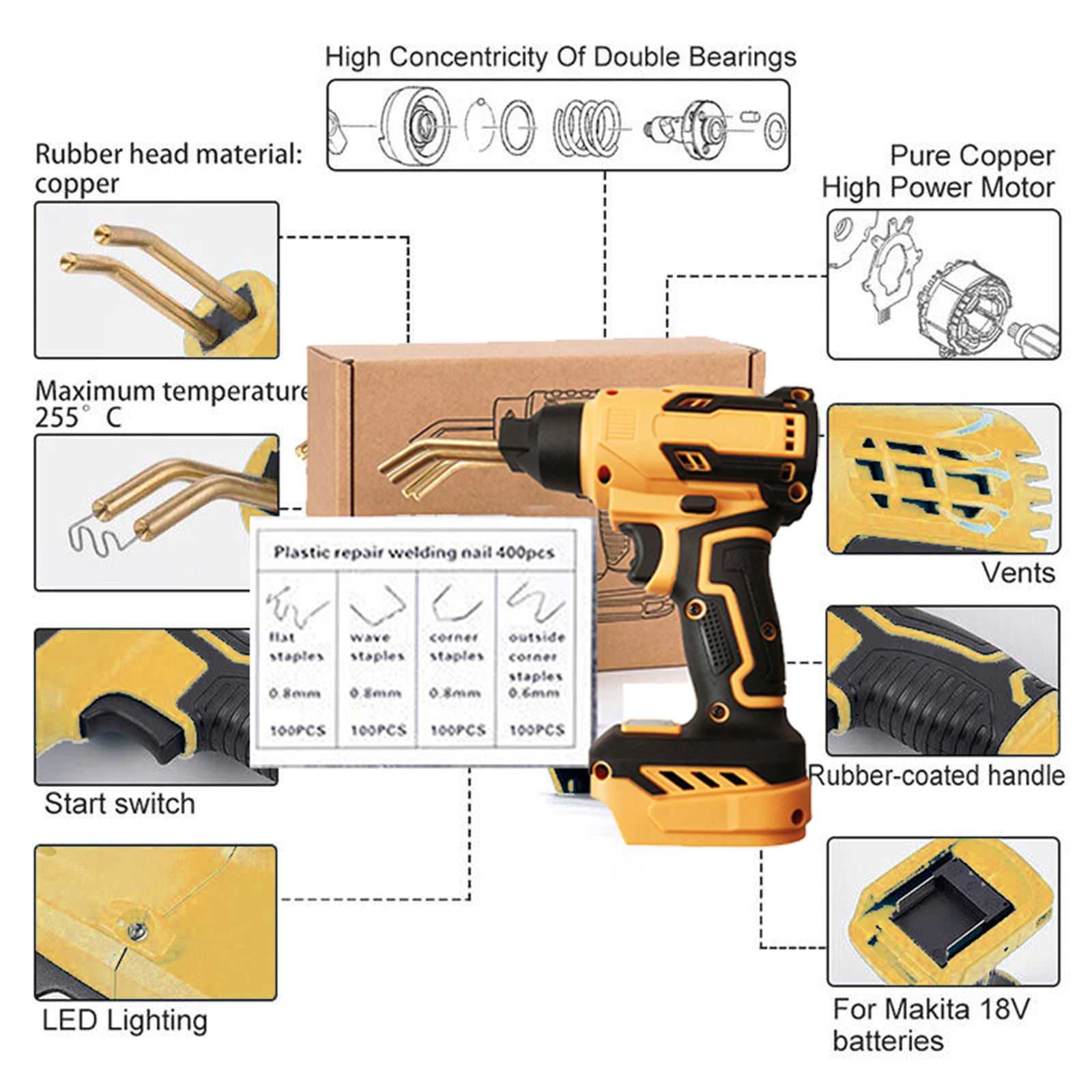 Cordless Plastic Welder Hot Stapler Bumper Welding Tool For 18V Battery  Not Included  With 400 Hot Staples For Bumper Repair Yellow photo 6