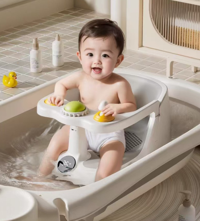 Baby Bath Seat Non-Slip Soft Toddler Bath Chair Suction Cups Temperature Display photo 1