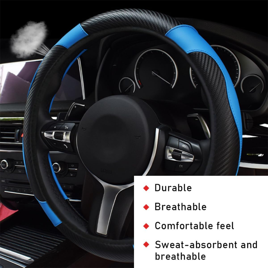 Car Steering Wheel Cover, 15 Inch Leather Breathable Auto Steering Wheel Protector, Comfortable Non-Slip Vehicle Steering Wheel Covers, Universal Interior Car Accessories Black&Blue photo 4