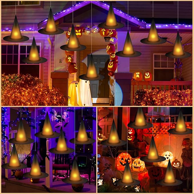 12-Piece Light-Up Halloween Witch Hats With Tea Lights, 3D Bats And Hanging Rope For Indoor Outdoor Decor photo 6