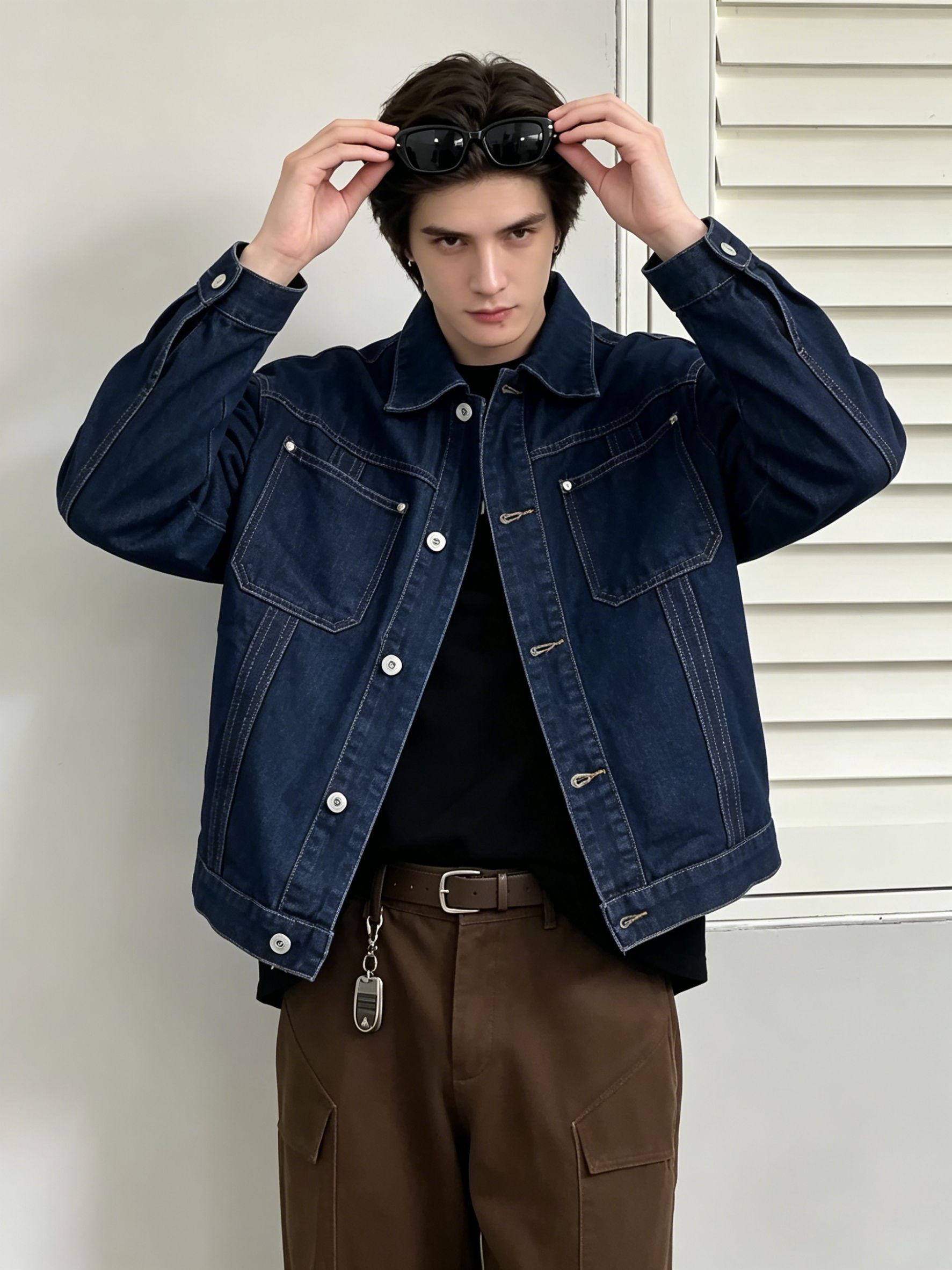 Dark Indigo Denim Jacket Men Multi Pocket Casual Jean Jacket Contrast  USA Warehouse Stock photo 1