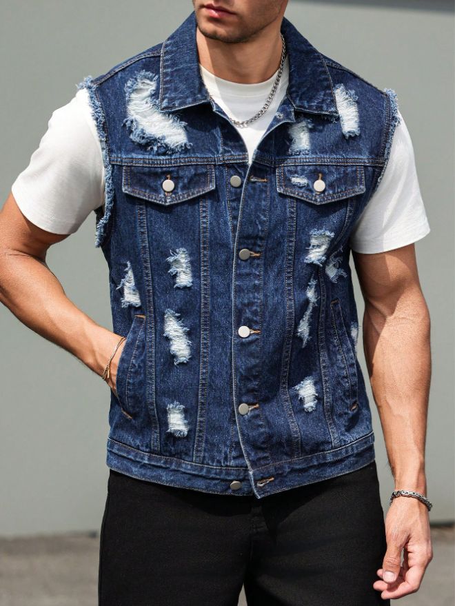 Ripped Denim Vest Men Dark Blue Distressed Sleeveless Jean Jacket Vintage Ships From US photo 4