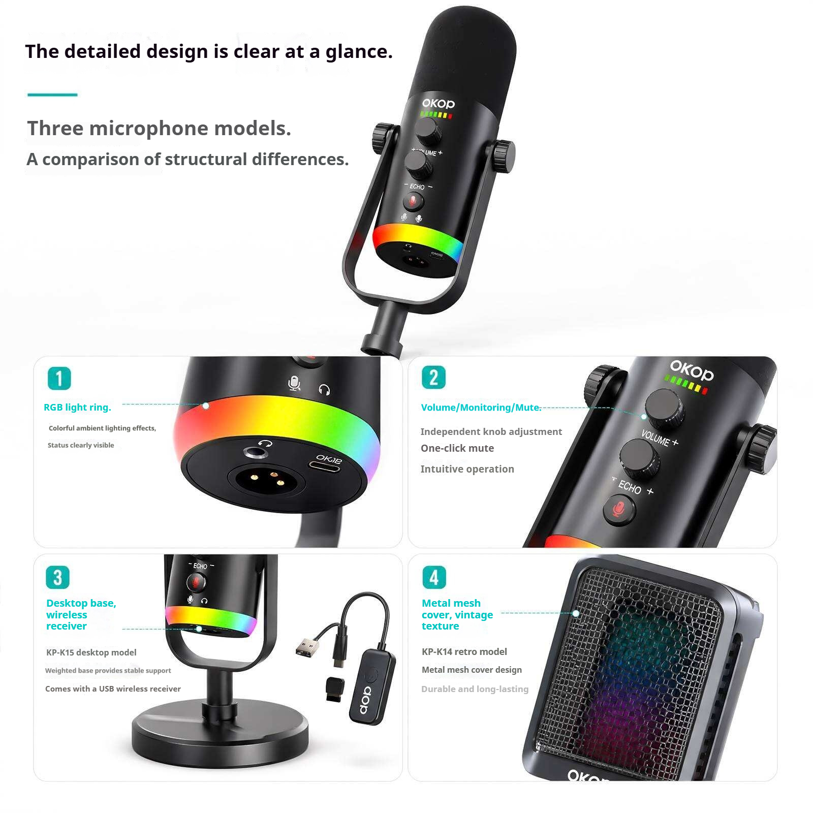 KP-K14 15 16 New Desktop Microphone For Live Streaming Recording Karaoke Features RGB Lighting Wireless Receiver And Smart Noise Cancellation In-Stock Factory Direct photo 2