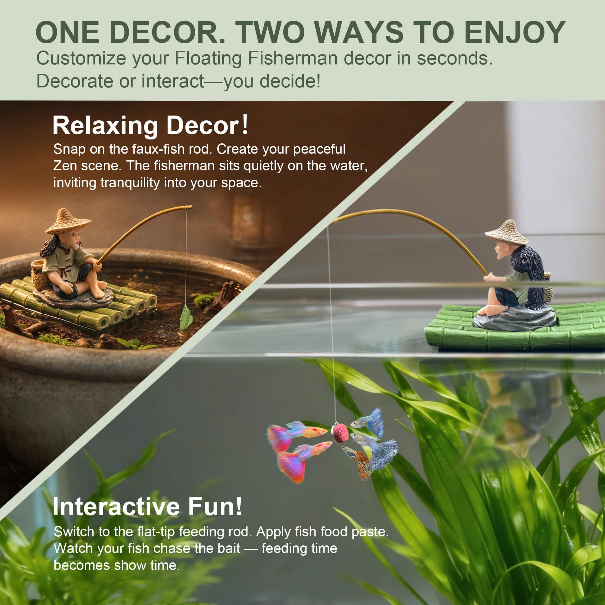 2-in-1 Floating Aquarium Decor, Interactive Floating Fish Tank Fisherman Decorations On PVC Bamboo Raft With Stable EVA Pad Buoyancy For Guppy, Small Schooling Species, Paludarium And Zen Pond photo 5