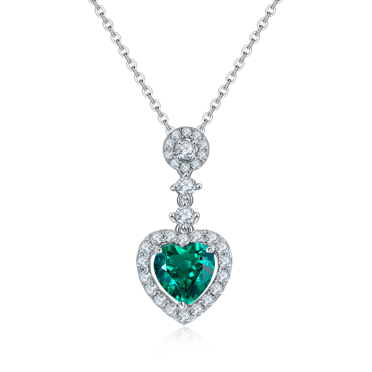 S925 Silver 4.2g Platinum Plated 1.45ct Lab-Created Emerald Heart Necklace, 8mm Halo Pendant, 40&5cm photo 1