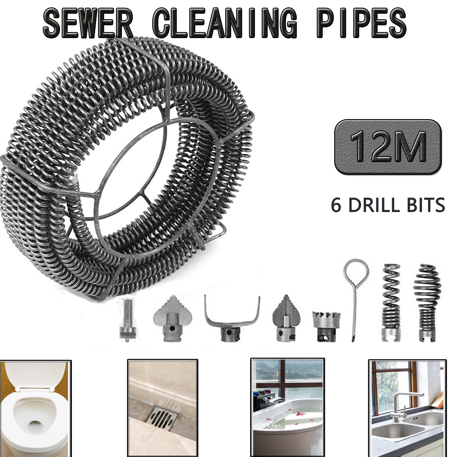 Plumber Drain Snake Pipe Cleaner Pipeline Sewer 12M 7 Drill Bit Tool photo 2