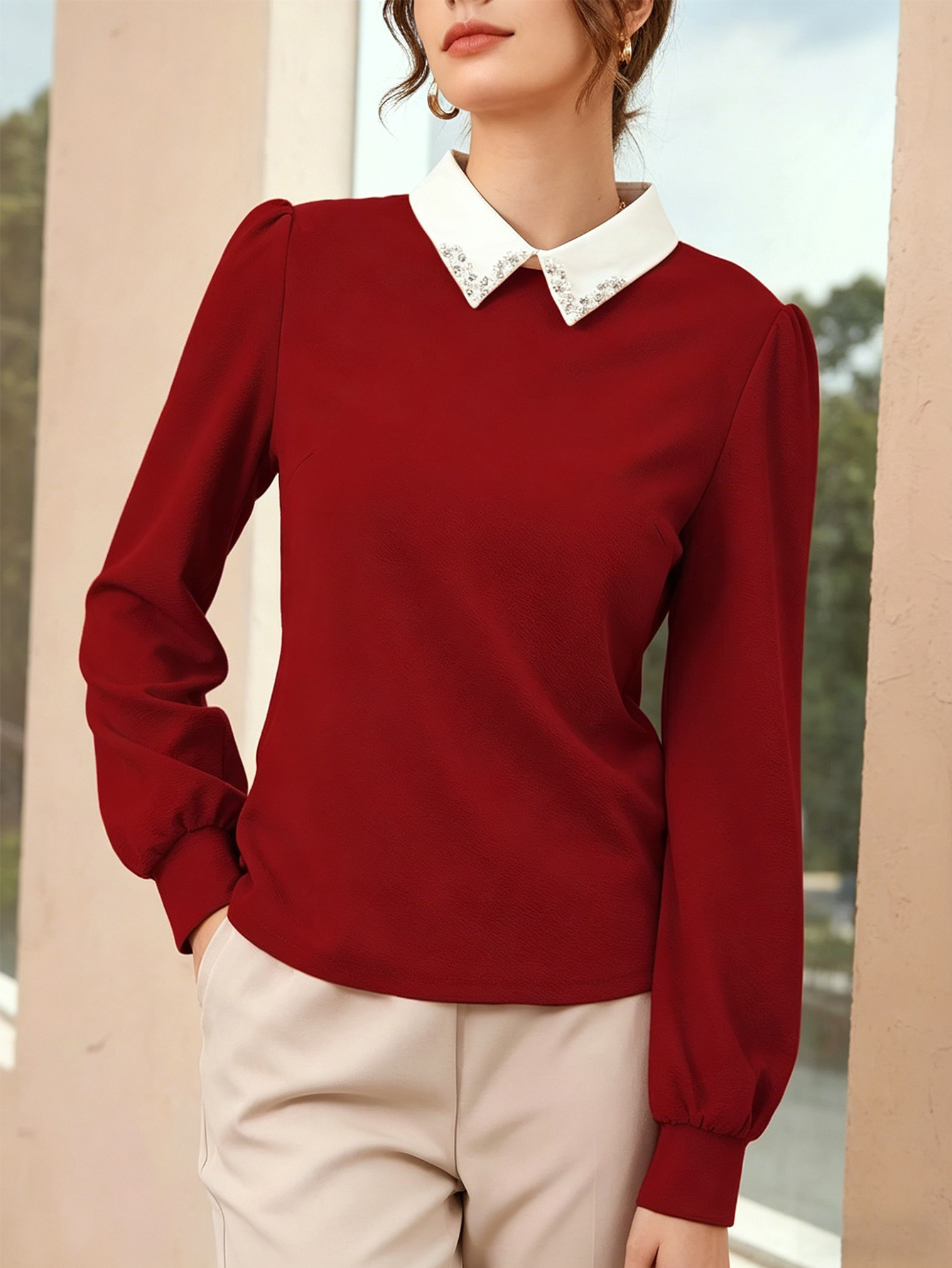 Womens Red Puff Sleeve Blouse White Contrast Collar With Rhinestone Elegant Work And Casual Wear Shirt photo 4