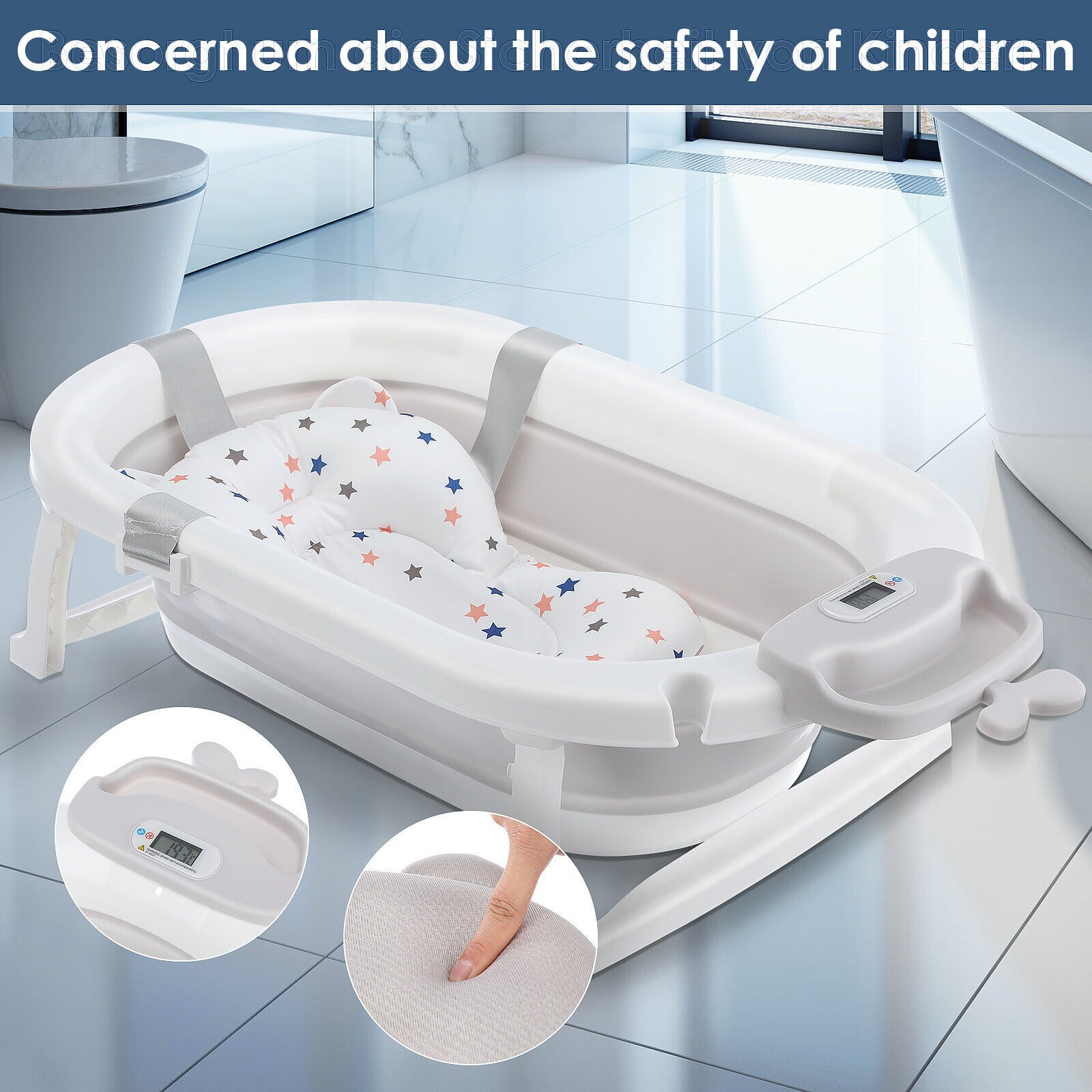 Foldable Baby Bath Tub Ergonomic With Temperature & Cushion Bath Pad And Bath Net photo 5