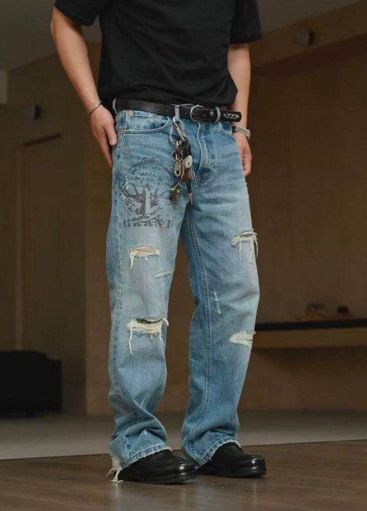 Graphic Print Jeans Men Relaxed Fit Light Blue Denim Pants Distressed Streetwear Plus Size Big Tall Ready Stock photo 1