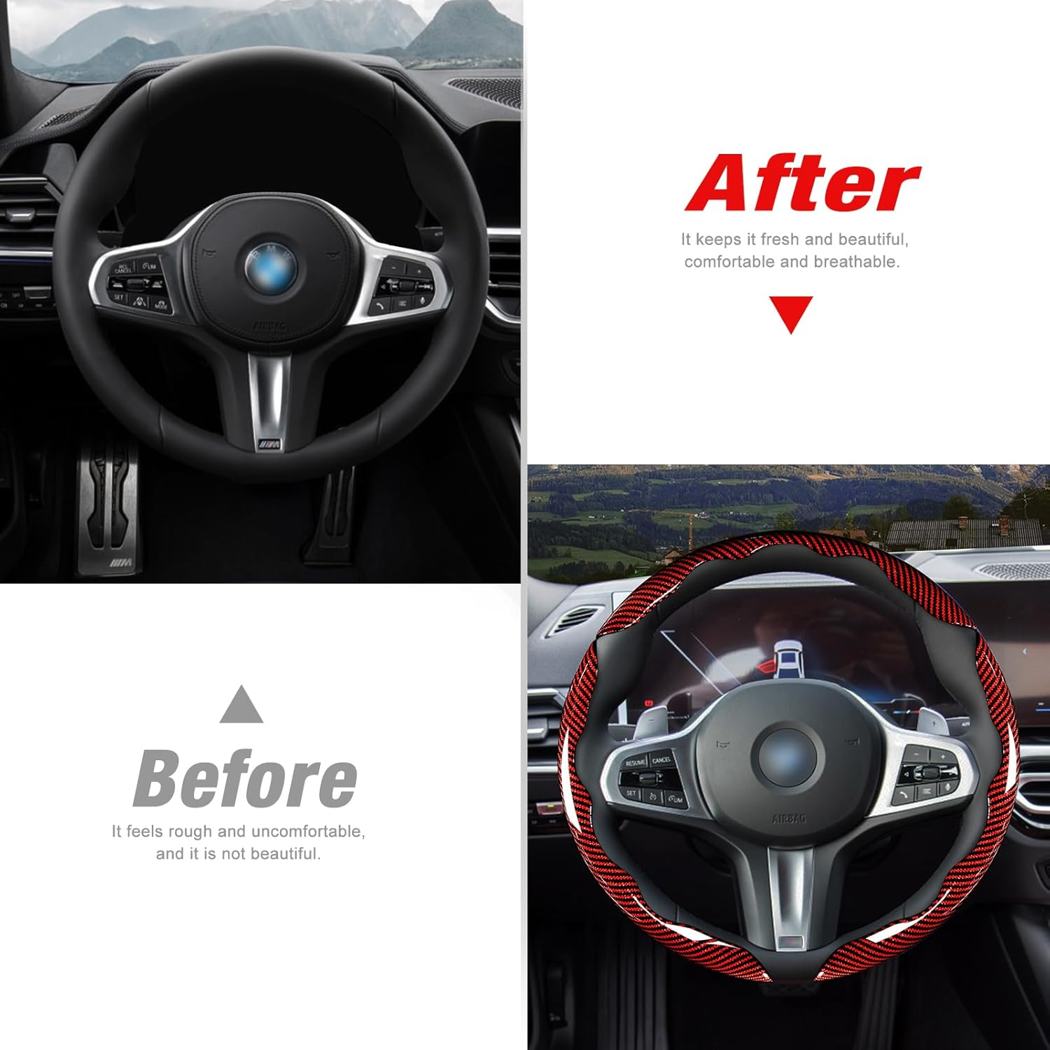 Car Steering Wheel Cover Set Bright Carbon Fiber Wrap Non-Slip 3pcs Steering Wheel Accessories  Universal  Red photo 3