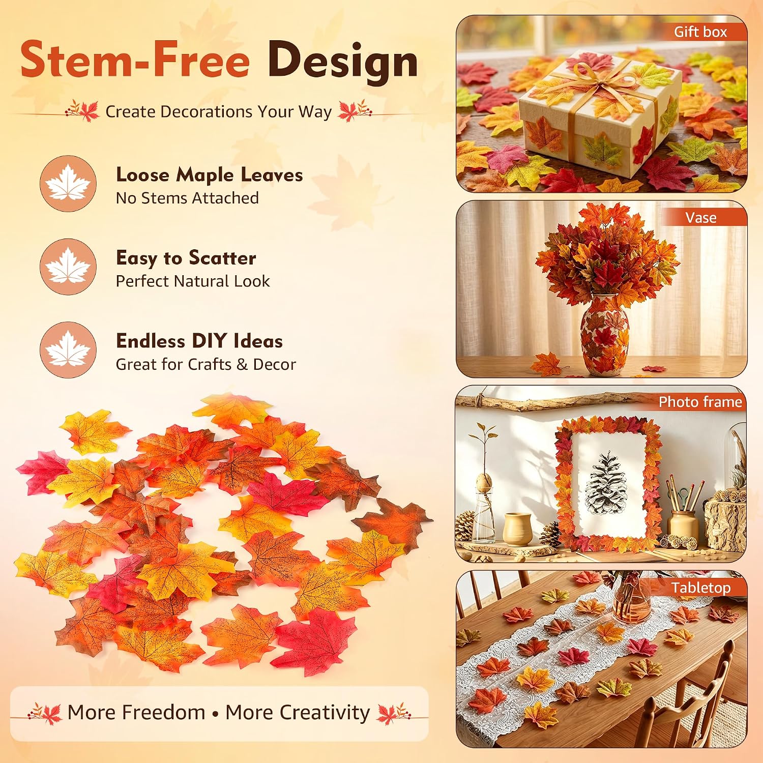 Artificial Fall Maple Leaves 350 Units, Colorful Faux Leaves With Vein Texture For Autumn Home Decor, DIY Crafts And Parties photo 4