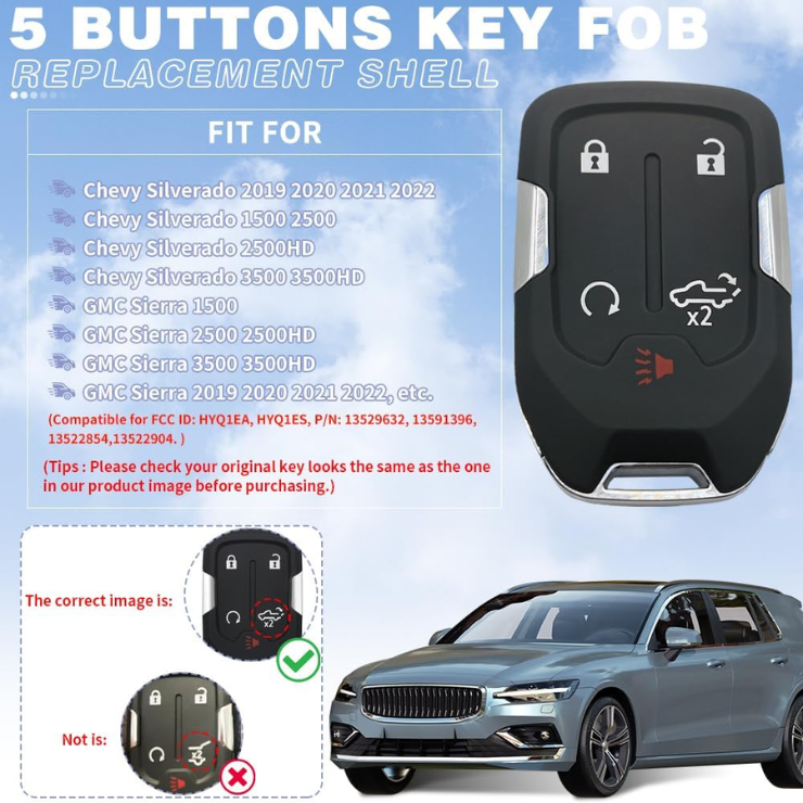 Key Fob Shell Case Replacement Fits For Chevy Silverado GMC Sierra 1500 2500HD 3500HD 5 Button Keyless Entry Remote Control Smart Car Key Fob Cover photo 3