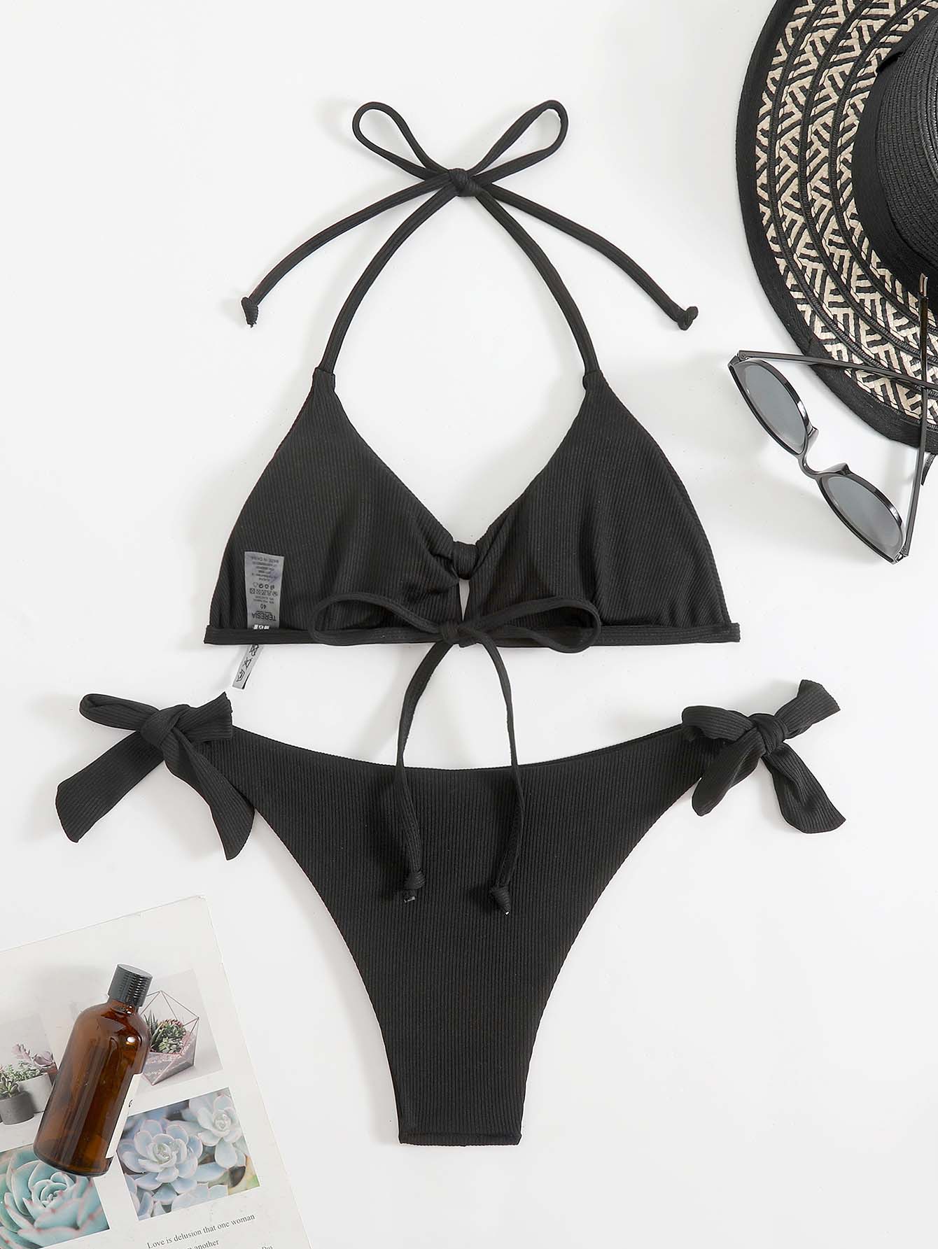 2026 New Solid Color Sexy Circular Cutout Split Set Swimsuit Straps Over-the-Shoulder Halter Two-Piece Bikini Set photo 2