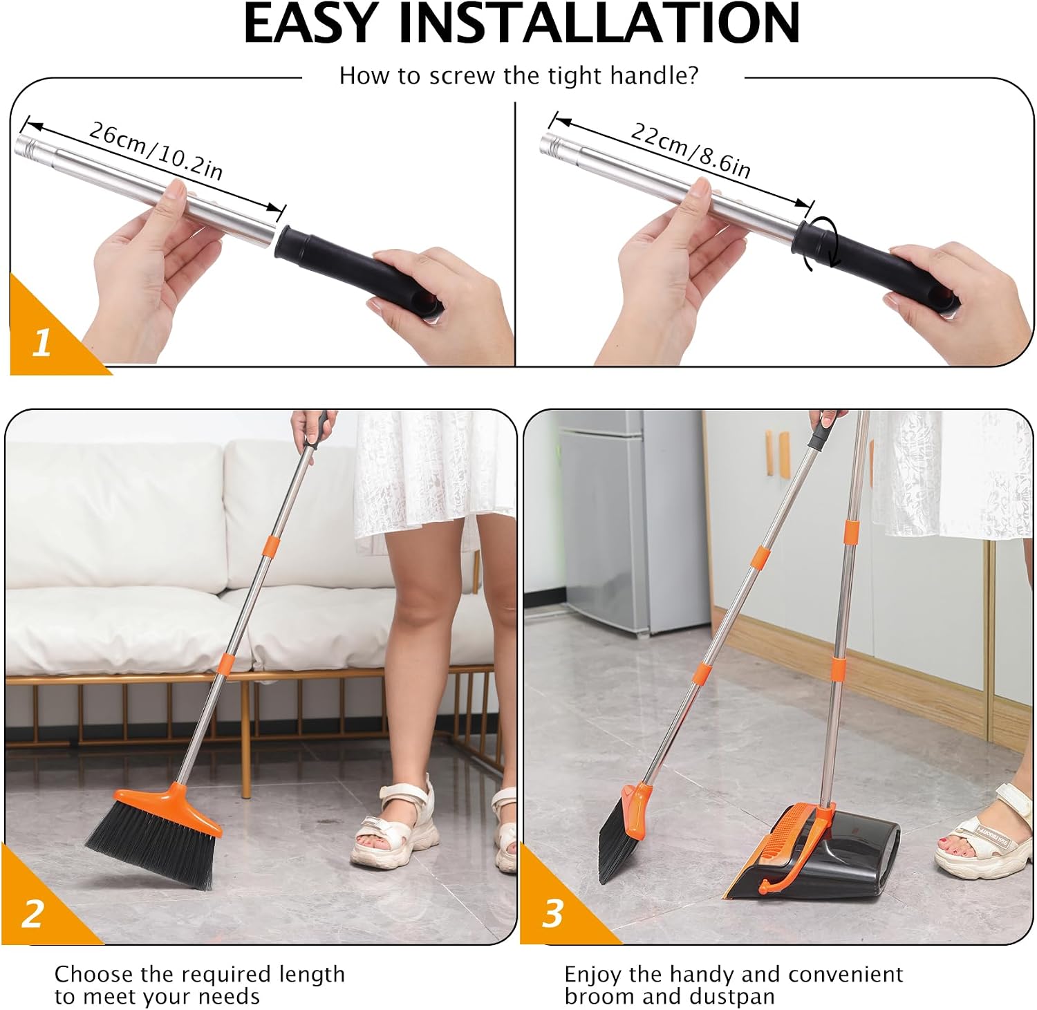 54.33-inch Long-handled, One-piece Design, Lightweight Stainless Steel Handle, Upright Dustpan With Broom Combination, Suitable For Household, Kitchen, Office And Pet Hair Cleaning Black And Orange. photo 3