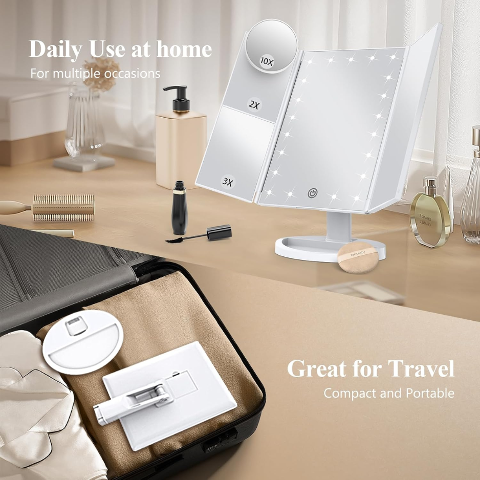 Magnifying Vanity Mirror With Light, Trifold Makeup Mirror Touch Dimming, Dual Power, Clear View For Makeup, Skincare. Dorm Room photo 2