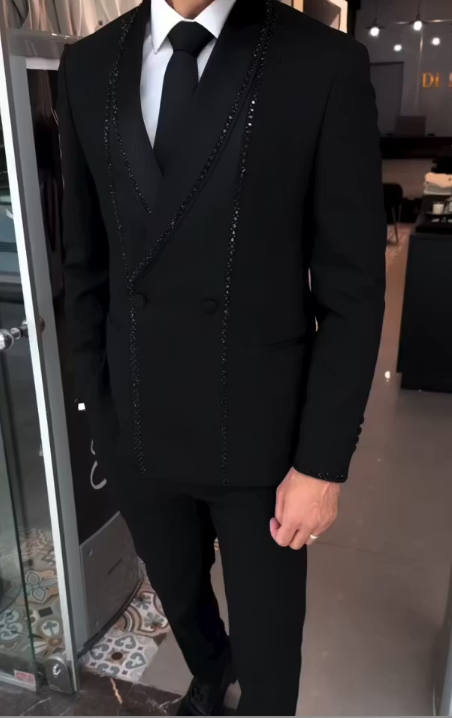 Black Beaded Trim Double-Breasted Tuxedo Suit Set photo 2
