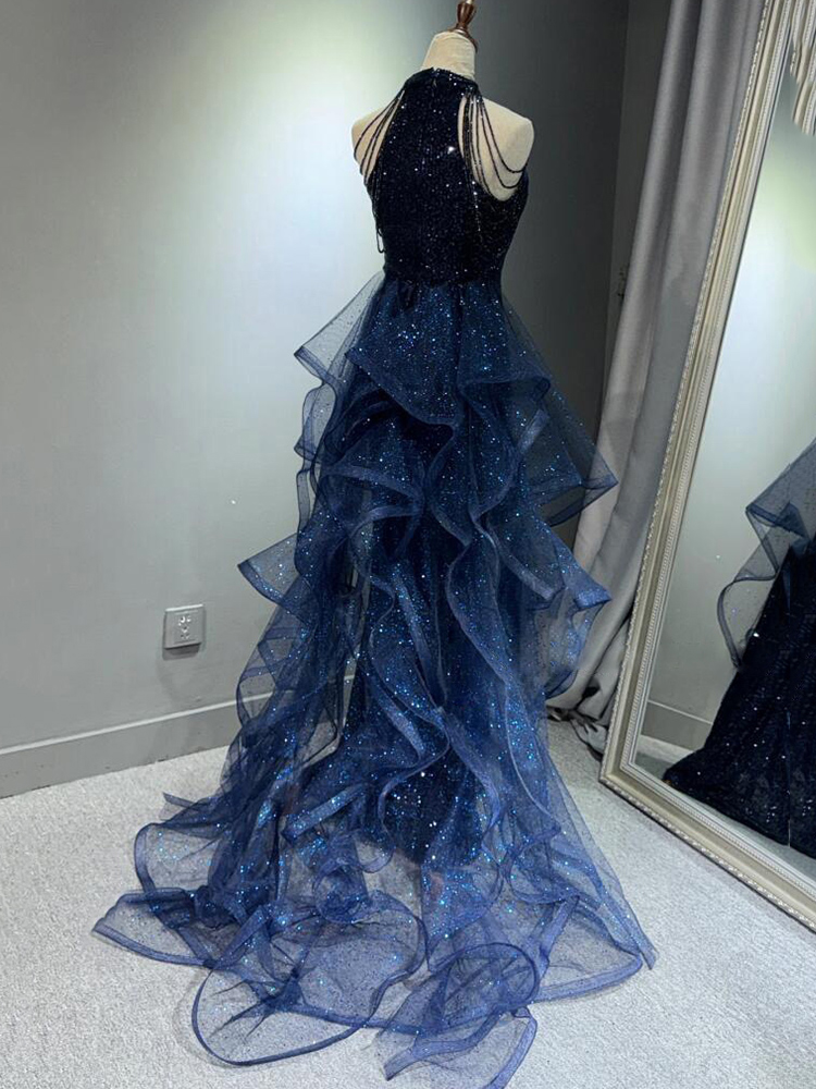 Sequin Halter Beaded Strap Mermaid Ruffle Tulle Train Evening Gown photo 2